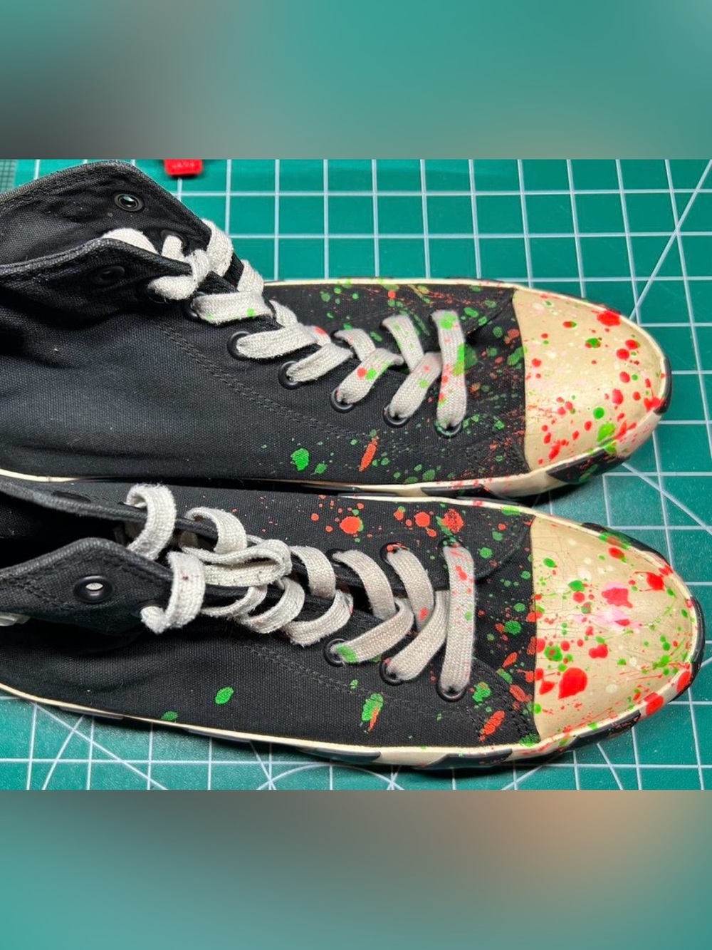 Vintage Off White Black Canvas Sneakers with Neon Paint Splatter